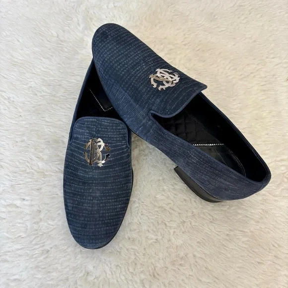 Roberto Cavalli Textured Navy Silver Logo Slip On Men’sshoes size 41 US 8